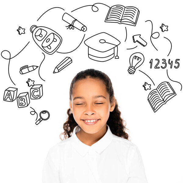 african american schoolgirl smiling with closed eyes isolated on white, education icons illustration