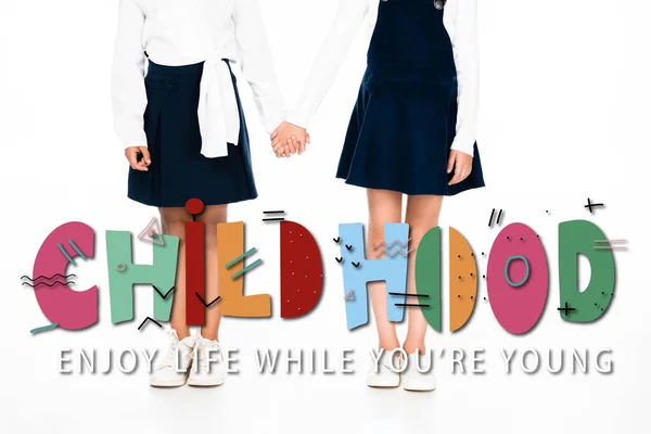 Cropped View Multicultural Schoolgirls Holding Hands White Background Childhood Illustration — Stock Photo, Image
