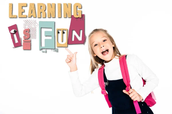 Schoolgirl Pointing Finger Learning Fun Illustration Isolated White — Stock Photo, Image