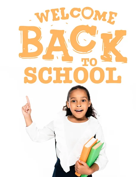 African American Schoolgirl Pointing Finger Welcome Back School Illustration While — Stock Photo, Image