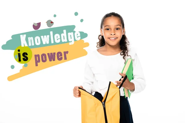 Africano Americano Colegiala Celebración Mochila Libro Aislado Blanco Conocimiento Poder — Foto de Stock