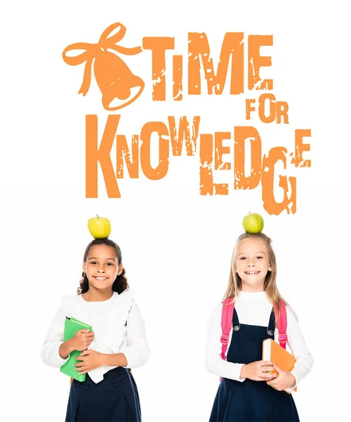 Multicultural Schoolgirls Apples Heads Holding Books Isolated White Time Knowledge — Stock Photo, Image