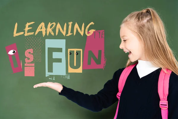 Schoolgirl Pointing Hand Learning Fun Illustration Green Chalkboard — Stock Photo, Image