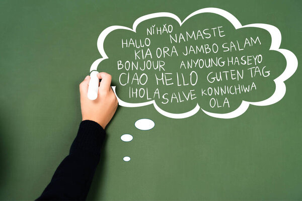 cropped view of schoolgirl writing with chalk in thought bubble on green chalkboard