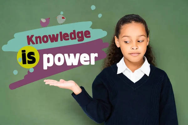 Skeptical Schoolgirl Pointing Hand Knowledge Power Illustration Green Chalkboard — Stock Photo, Image