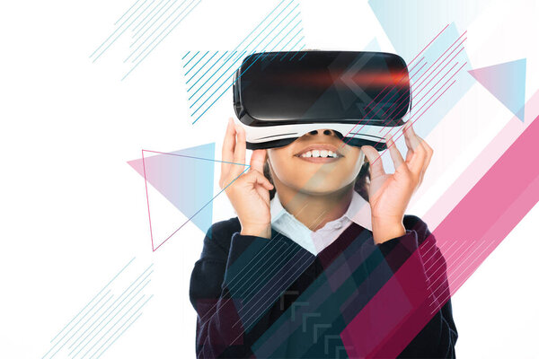 african american schoolgirl using virtual reality headset isolated on white, geometric illustration