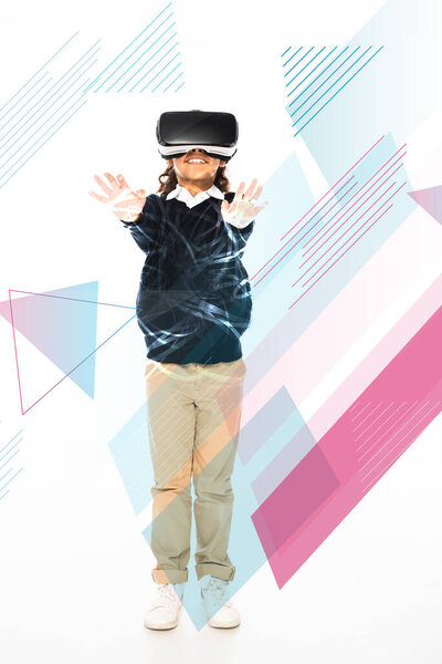 full length view of african american schoolgirl standing with outstretched hands in vr headset on white background, geometric illustration