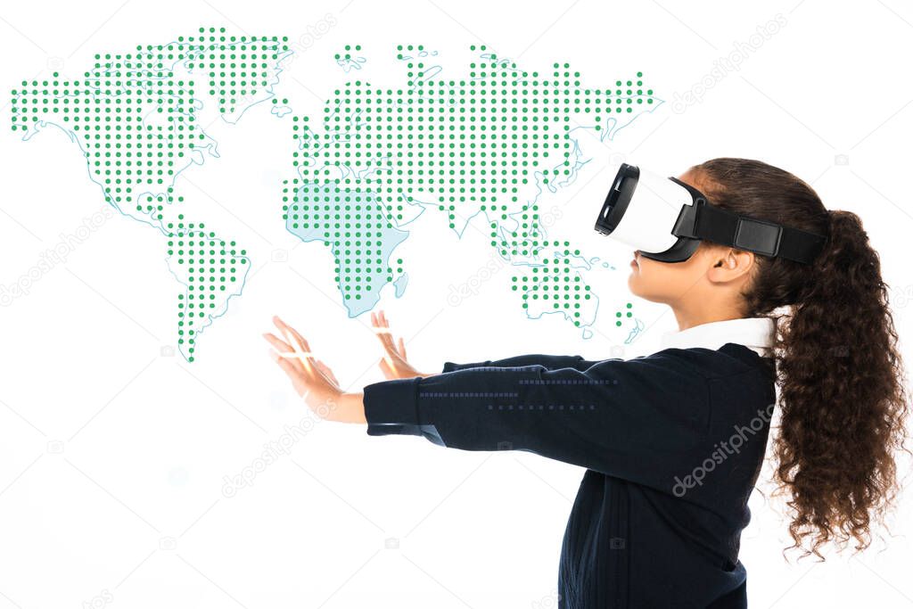 african american schoolgirl with outstretched hands using virtual reality headset isolated on white, global map illustration
