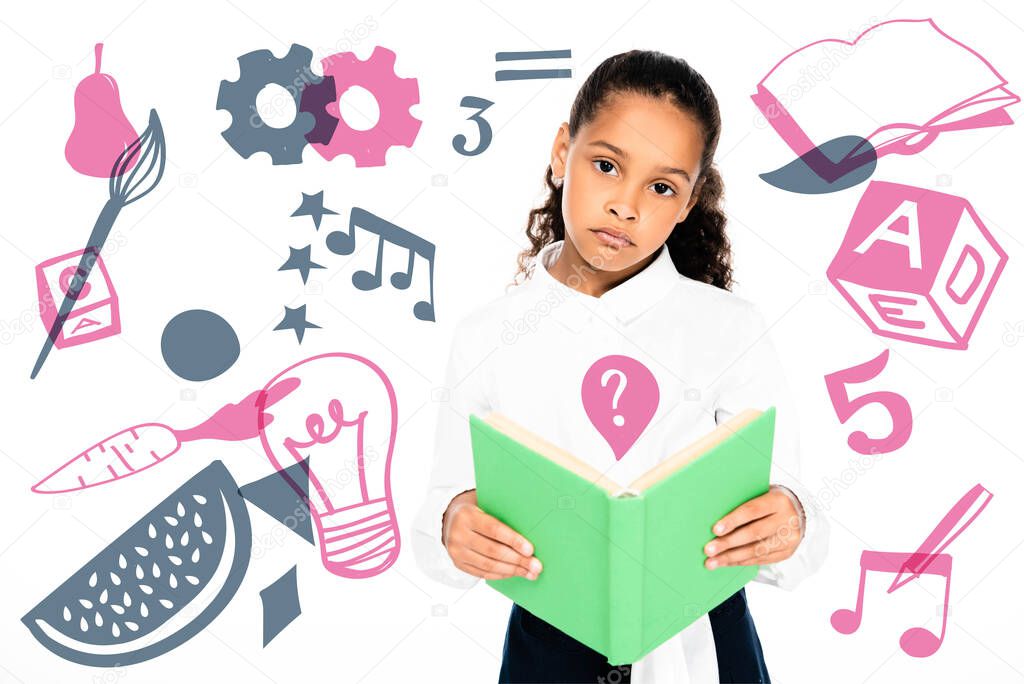 upset african american schoolgirl looking at camera while holding book isolated on white, educational illustration