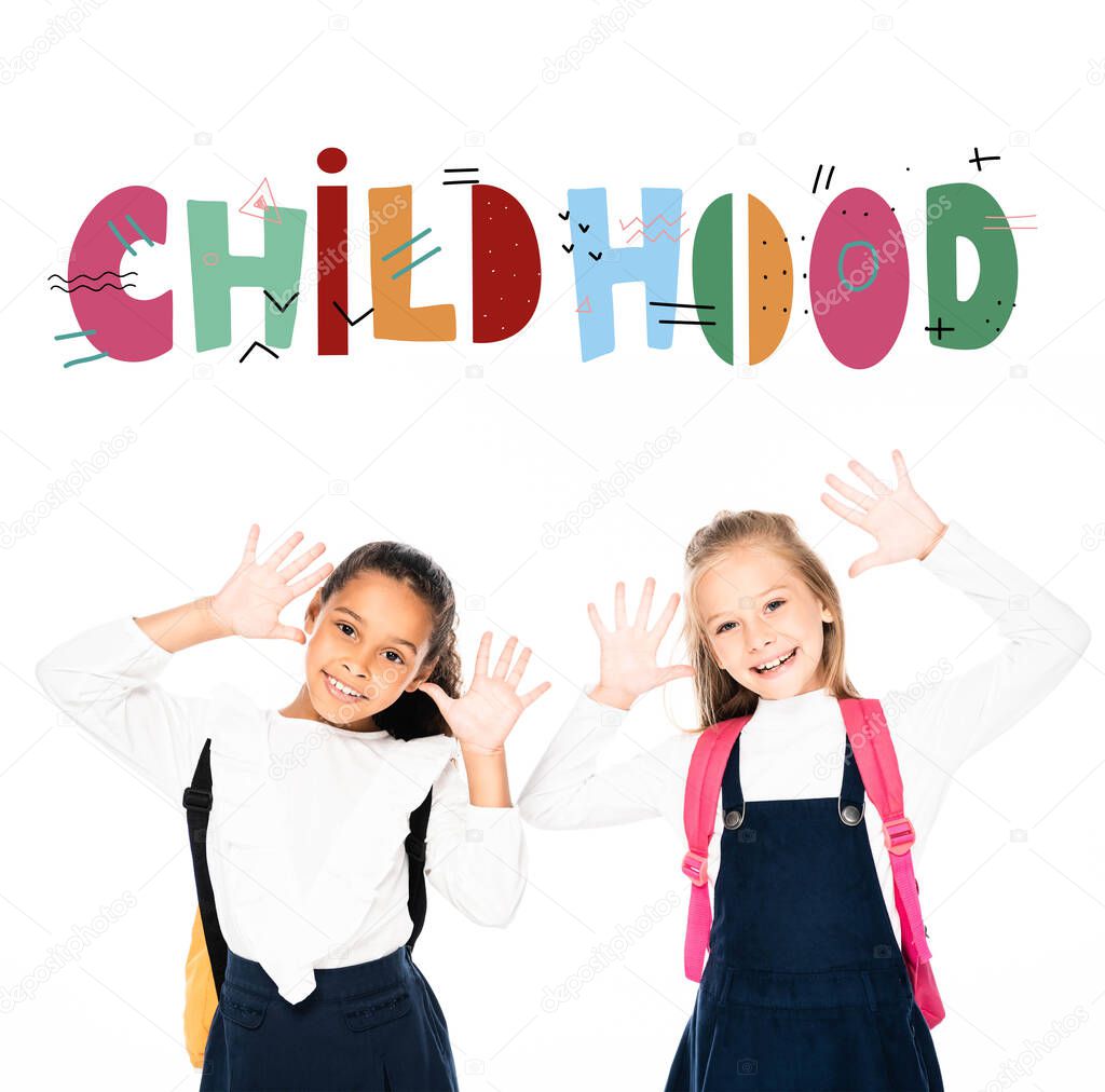 multicultural schoolgirls showing chalk stained hands isolated on white isolated on white, childhood illustration