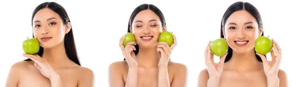 사과를 흰색에 근처에 포즈를 취하고 아시아 여인의 콜라주 — 스톡 사진