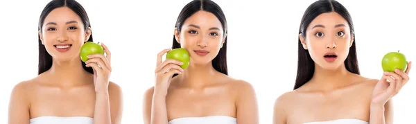 Collage Asian Woman Posing Green Apple Hand Face Isolated White — Stock Photo, Image