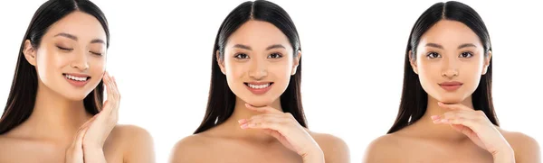 Colagem Mulher Asiática Tocando Rosto Isolado Branco — Fotografia de Stock