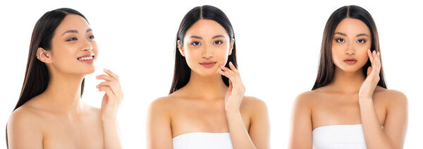 Коллаж молодой взрослой азиатской женщины касаясь лица изолированы на белом 