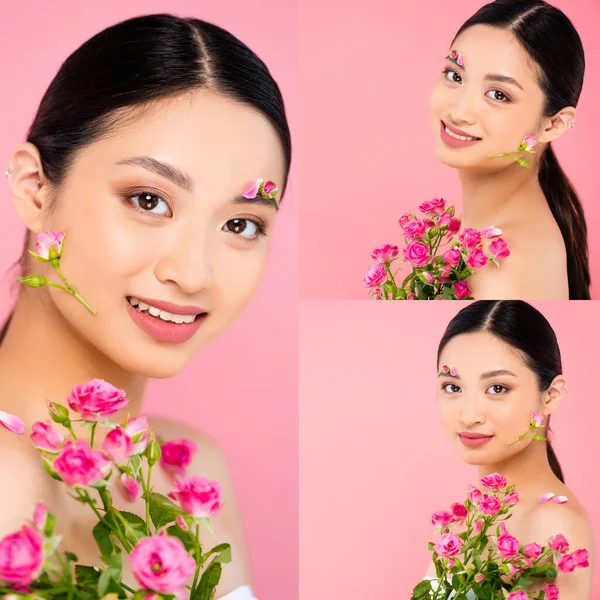 Collage of asian woman looking at camera with flowers on face and near shoulder isolated on pink