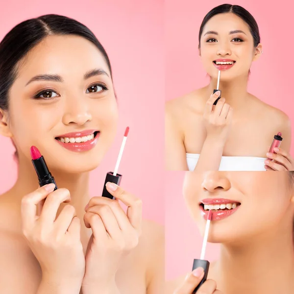 Collage of asian woman holding lipstick and lip gloss and applying lip gloss on lips isolated on pink