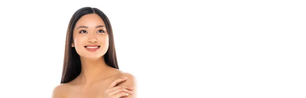 Orientação Panorâmica Mulher Asiática Olhando Para Longe Com Mão Ombros — Fotografia de Stock