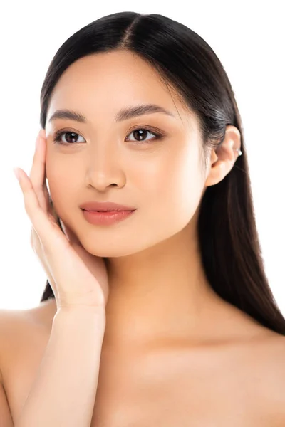 Asian Woman Looking Away Touching Face Isolated White — Stock Photo, Image