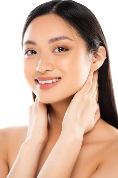 Portrait Young Asian Woman Touching Neck Looking Camera Isolated White — Stock Photo, Image