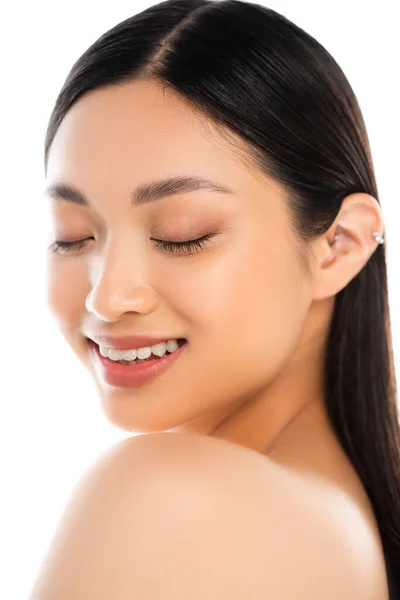 Portrait Young Excited Asian Woman Closed Eyes Isolated White — Stock Photo, Image