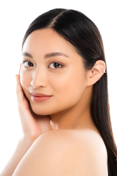 Portrait Young Asian Woman Looking Camera Touching Face Isolated White — Stock Photo, Image