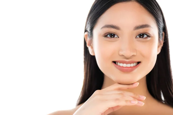 Portrait Excited Young Asian Woman Looking Camera Touching Face Isolated — Stock Photo, Image