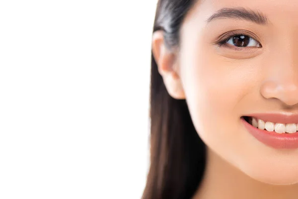 Parcial Vista Excitado Joven Asiático Mujer Mirando Cámara Aislado Blanco — Foto de Stock