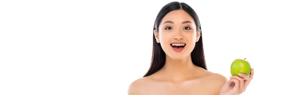 Panoramic Shot Excited Young Asian Woman Looking Camera Holding Apple — Stock Photo, Image