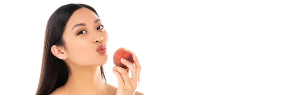 Panoramic Concept Asian Woman Making Duck Face While Holding Juicy — Stock Photo, Image