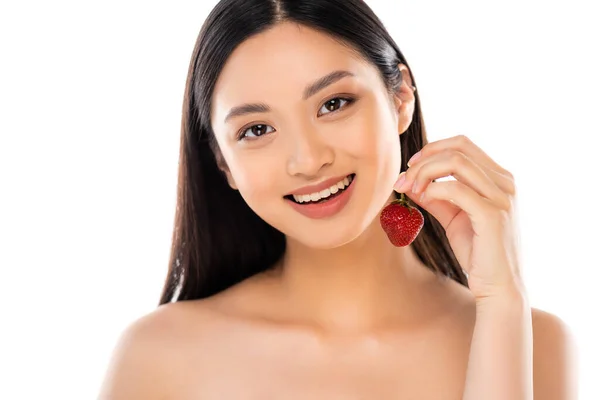 Nude Asian Woman Holding Juicy Strawberry While Looking Camera Isolated — Stock Photo, Image