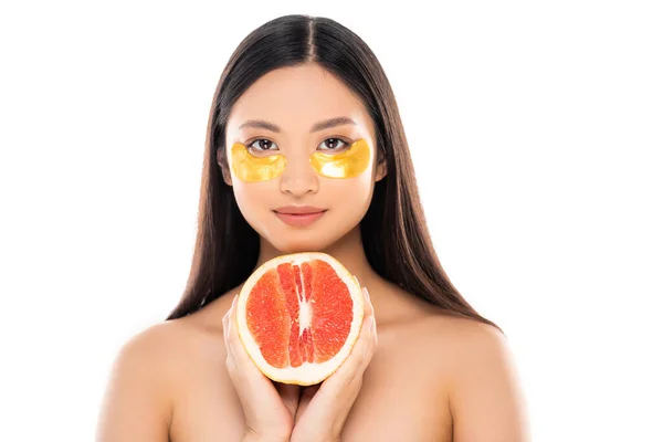 Naked Asian Woman Golden Eye Patches Face Holding Half Juicy — Stock Photo, Image