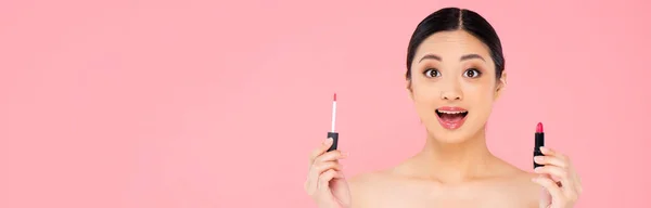 Horizontal Crop Excited Asian Woman Looking Camera While Holding Lip — Stock Photo, Image