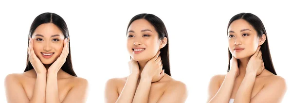 Collage Naked Asian Woman Touching Neck Face Isolated White Panoramic — Stock Photo, Image