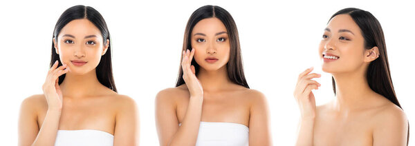 Коллаж молодой азиатской женщины касаясь лица и глядя на камеру изолированы на белом, панорамная концепция