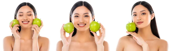 Collage Nude Asian Woman Holding Whole Green Apples Face Isolated — Stock Photo, Image