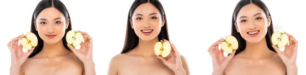 Collage Mujer Asiática Desnuda Sosteniendo Mitades Manzana Mientras Mira Cámara — Foto de Stock