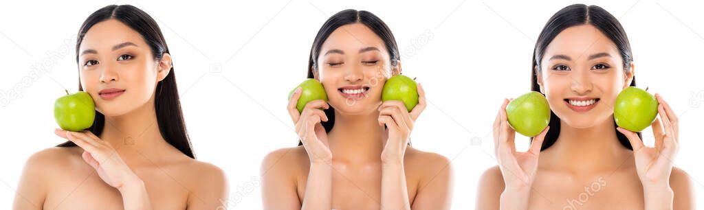Collage of asian woman posing with green apple in hand and near face isolated on white 