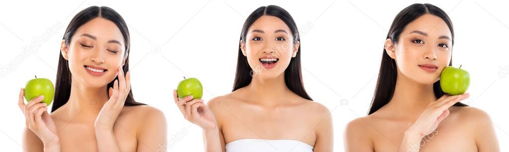 Collage of asian woman posing with green apple in hand and near face isolated on white 