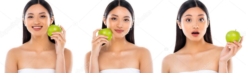 Collage of asian woman posing with green apple in hand and near face isolated on white  