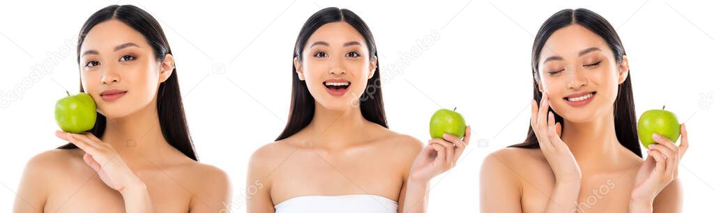 Collage of asian woman holding green apple and touching face isolated on white 