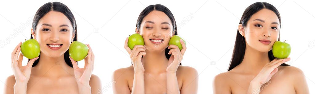 Collage of asian woman holding green apples near face isolated on white 