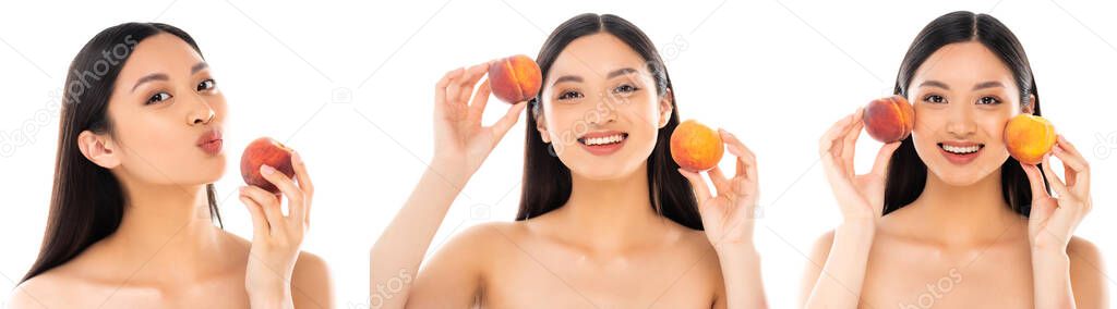 Collage of asian woman holding peaches near face and making blowing kiss isolated on white 