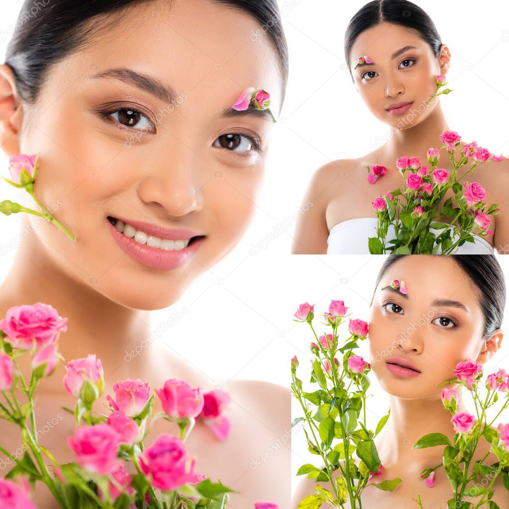 Collage of asian woman looking at camera with pink flowers on face isolated on white 