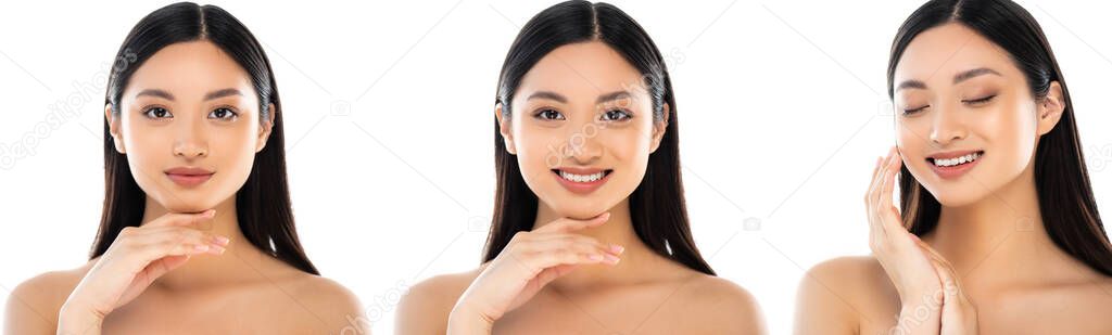 collage of asian woman touching chin and face while looking at camera isolated on white, website header