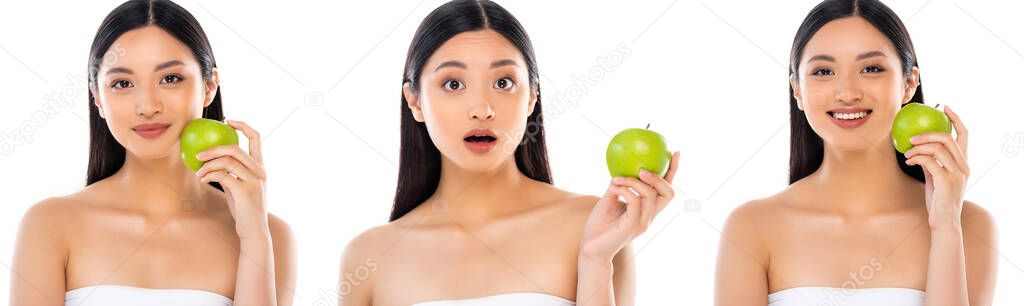 collage of emotional asian woman holding whole apple while looking at camera isolated on white, panoramic shot  