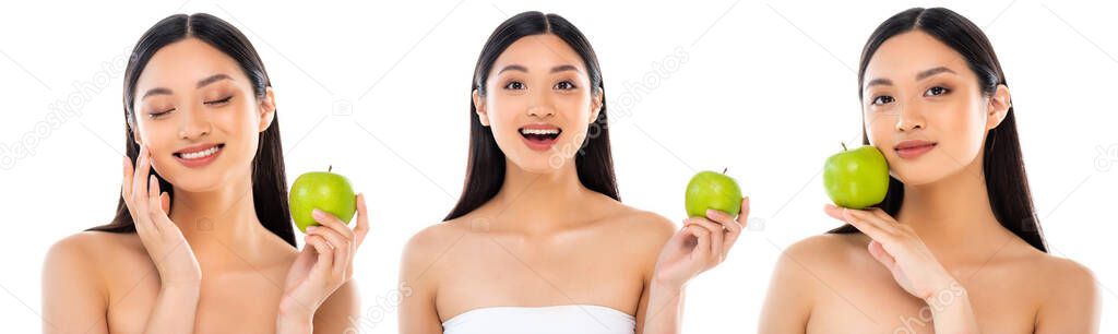 collage of brunette asian woman looking at camera and touching face while holding green apple isolated on white, horizontal image