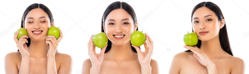 collage of nude asian woman holding whole green apples near face isolated on white, panoramic concept  