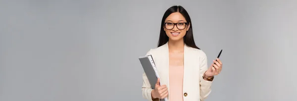 Panoramic Shot Young Asian Businesswoman Holding Folder Pen While Looking — Stock Photo, Image