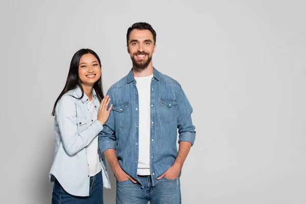 Young Asian Woman Denim Clothes Touching Boyfriend Standing Hands Pockets — Stock Photo, Image