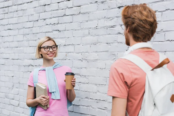 Selective Focus Blonde Woman Glasses Looking Redhead Student While Holding — Stock Photo, Image